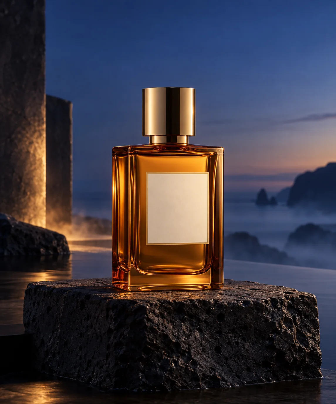 An amber perfume bottle used as a reference for a product campaign scene