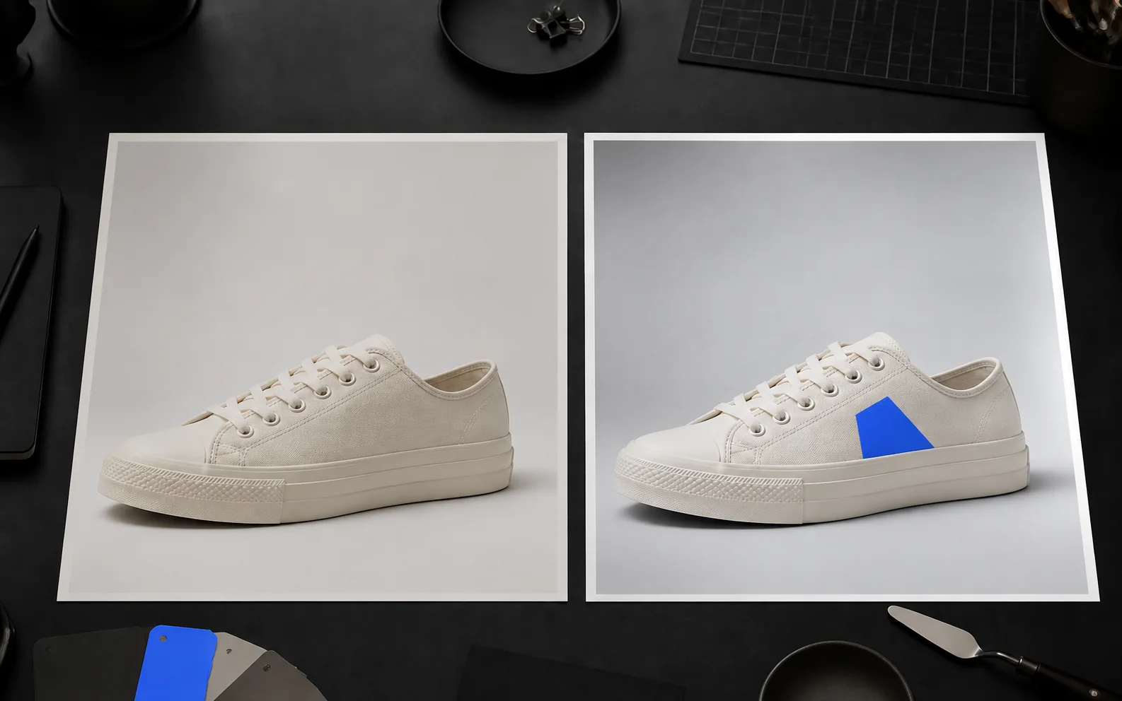 Sneaker concept before and after a blue material edit