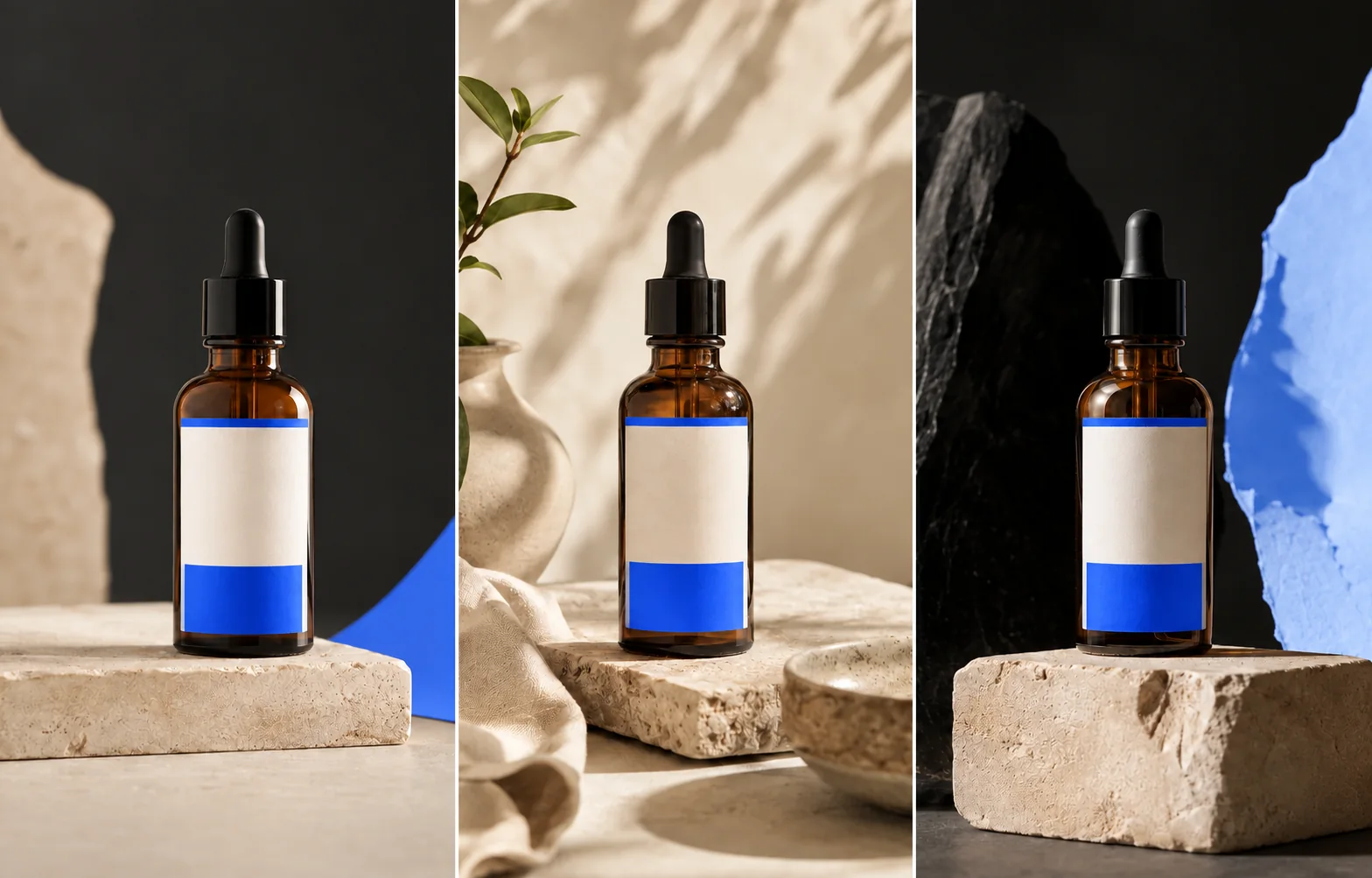 Amber serum bottle in coordinated blue campaign layouts
