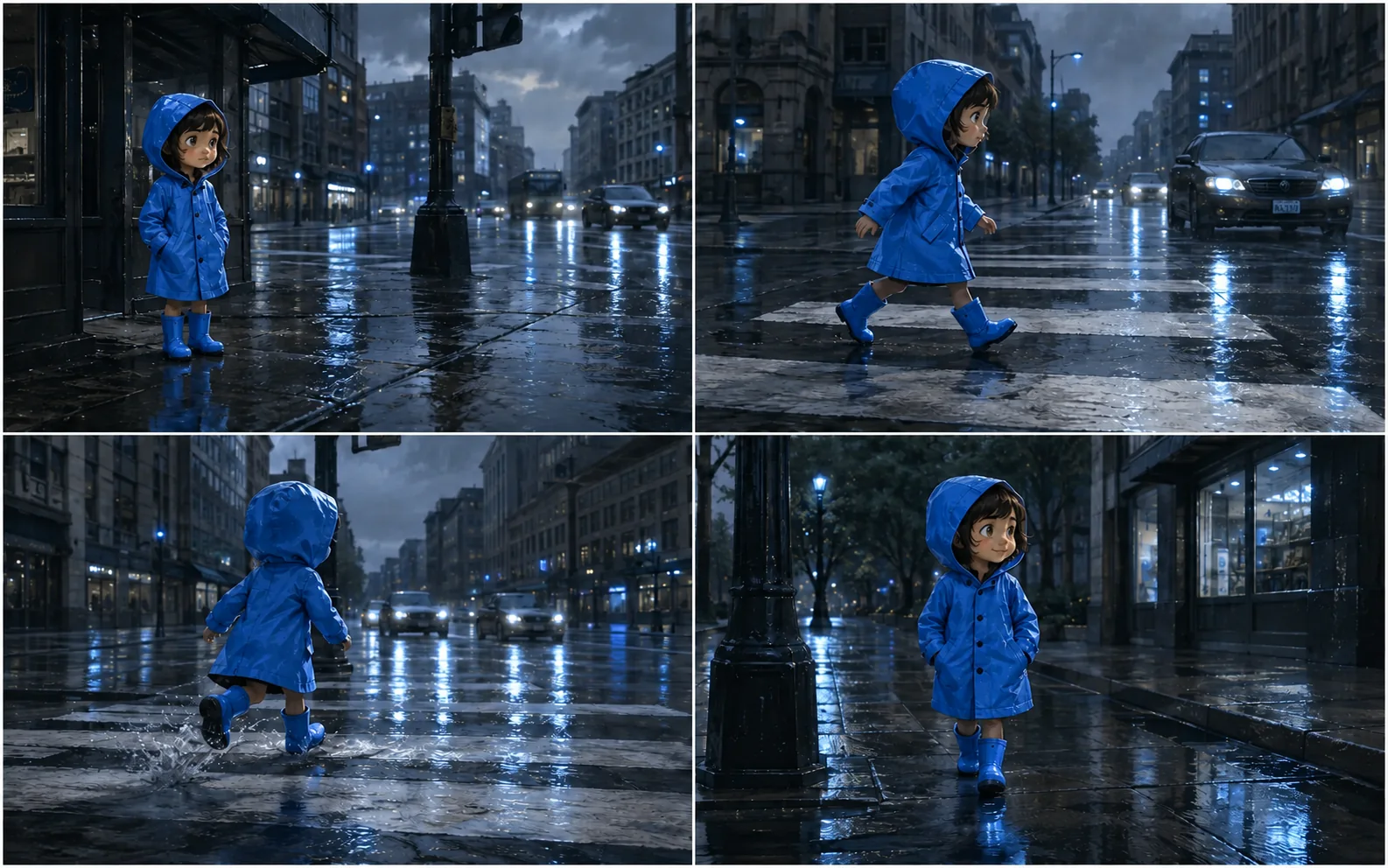 Four rainy-city storyboard panels with a recurring character